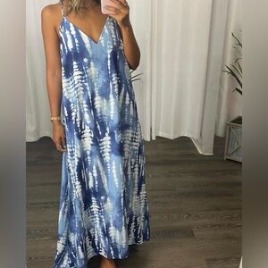 Tyche Shadow Leaf Hi-Lo Spaghetti Strap Dress in Blue